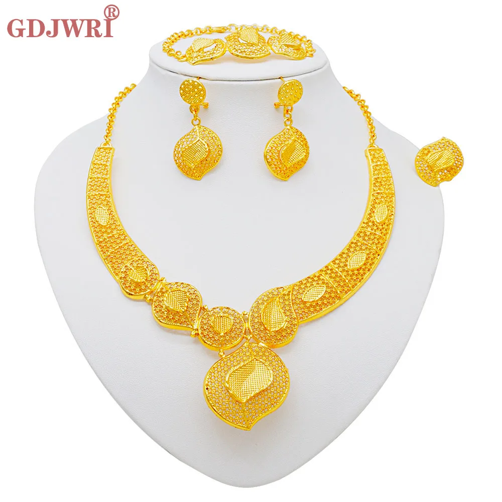 

GDJWRI New Luxury Necklace and Earrings Jewelry Set Women Gold Color Copper Elegant African Ethiopian Dubai Wedding Party Gift