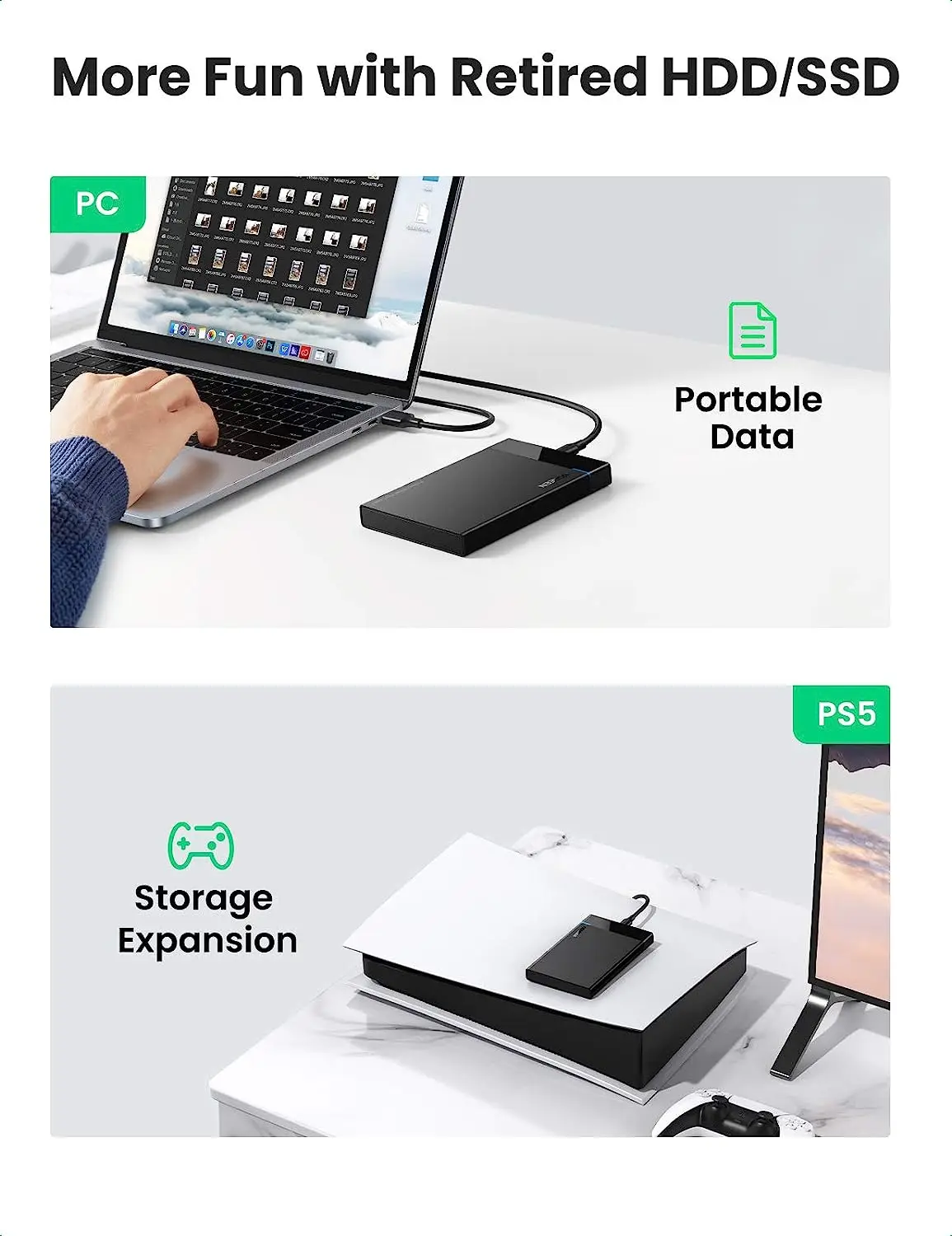 حاوية القرص الصلب UGREEN 2.5 بوصة USB C 3.1 Gen 2 إلى SATA III 6Gbps لـ SSD HDD 9.5 7 مم حافظة القرص الصلب الخارجي مع UASP