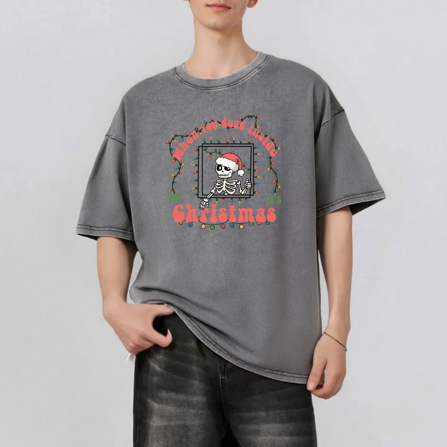 

Christmas Words Graphic Printing Men's Summer Retro Style Washed Water T-Shirt Casual Short Sleeved Basic Men's Top 230G