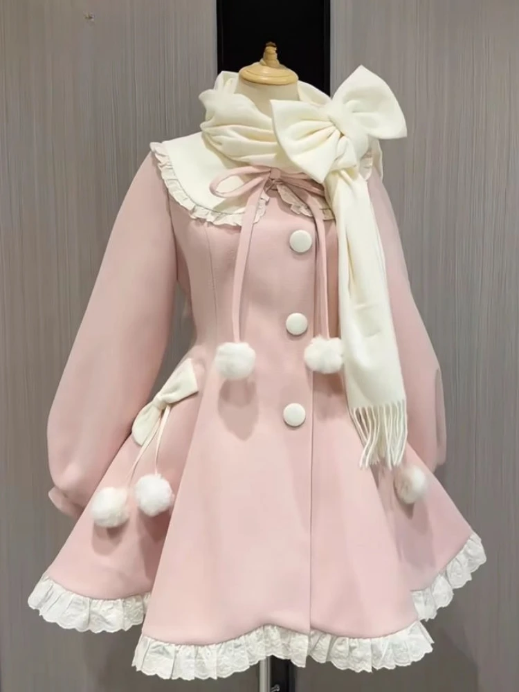 

Sweet Autumn Winter Bow Tie Wool Coat Women Solid Scarf Patchwork Two-piece Set Elegant Design Slim Fitting Wool Clothing 2025
