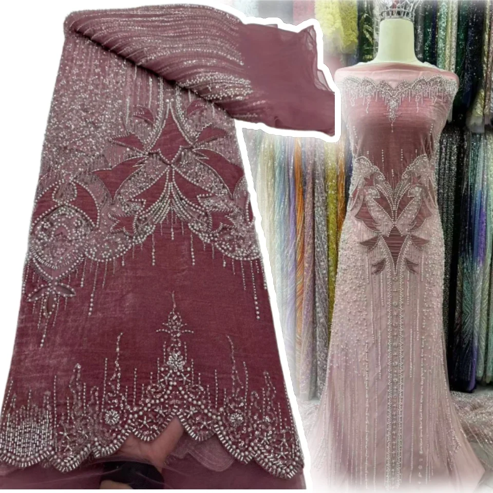 

2025 африканская нигерийская розовая бархатная кружевная ткань с вышивкой, французский тюль, кружевная ткань с блестками, расшитая бисером для свадебных платьев CC1472