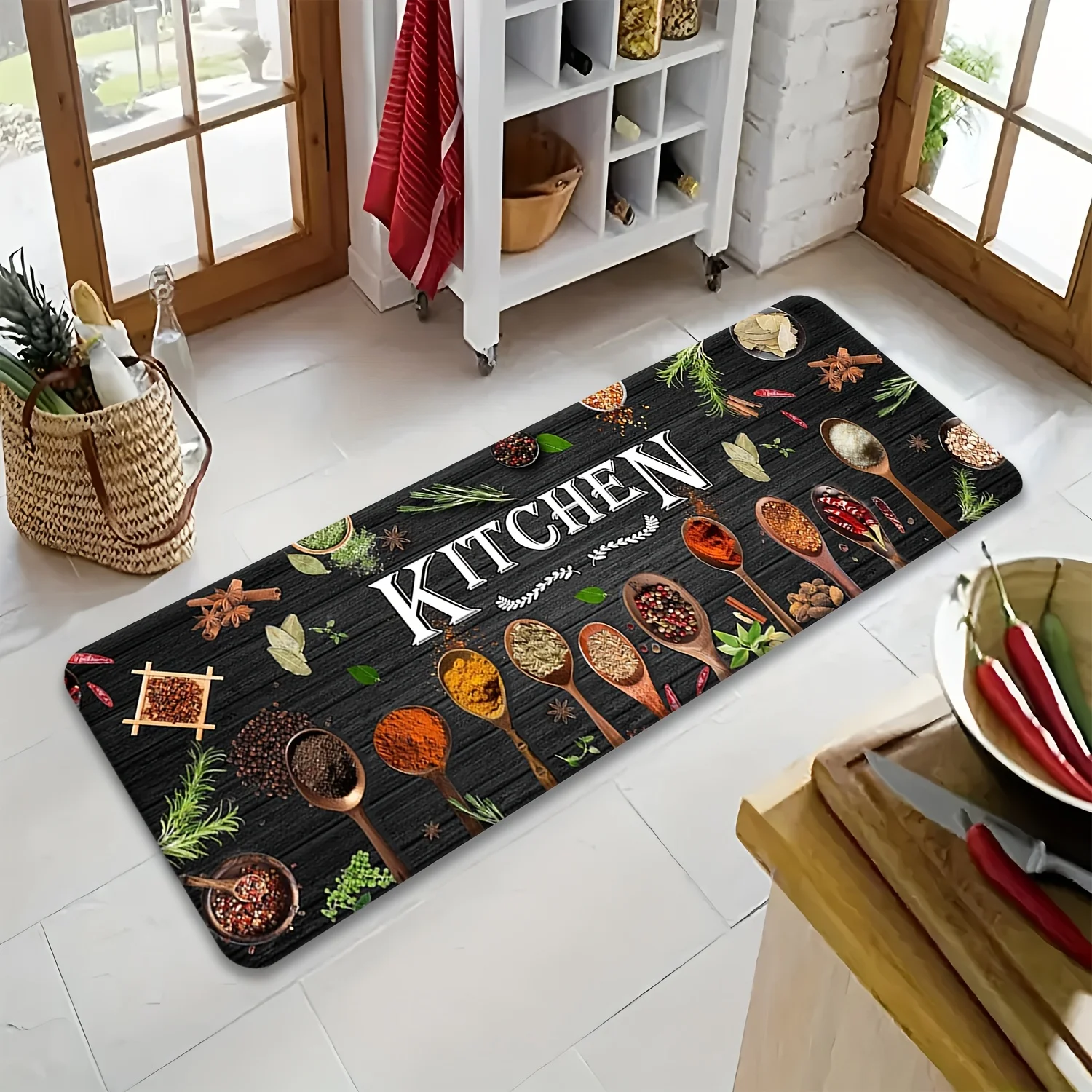 Rustic Spice Herb Spoon Floor Mat Non Slip Quick Dry Runner Dark Wood Kitchen Seasoning Pattern Carpet for Hall Kitchen Bathroom