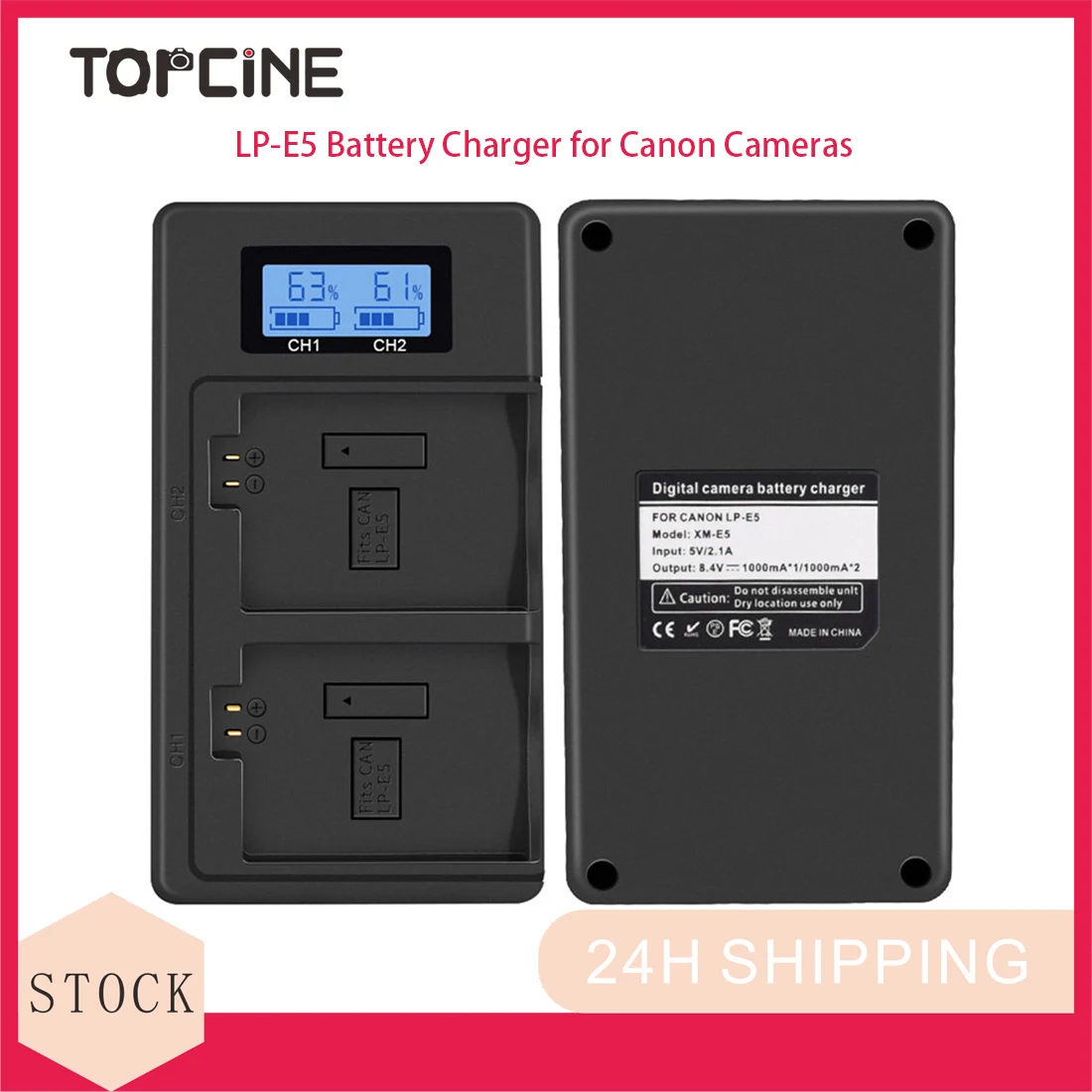 Topcine Dual LP-E5 Battery Charger,LPE5 Fast Charger for Canon EOS 500D 450D 1000D X2 X3  RebelXS Rebel XSI RebelT1i Cameras