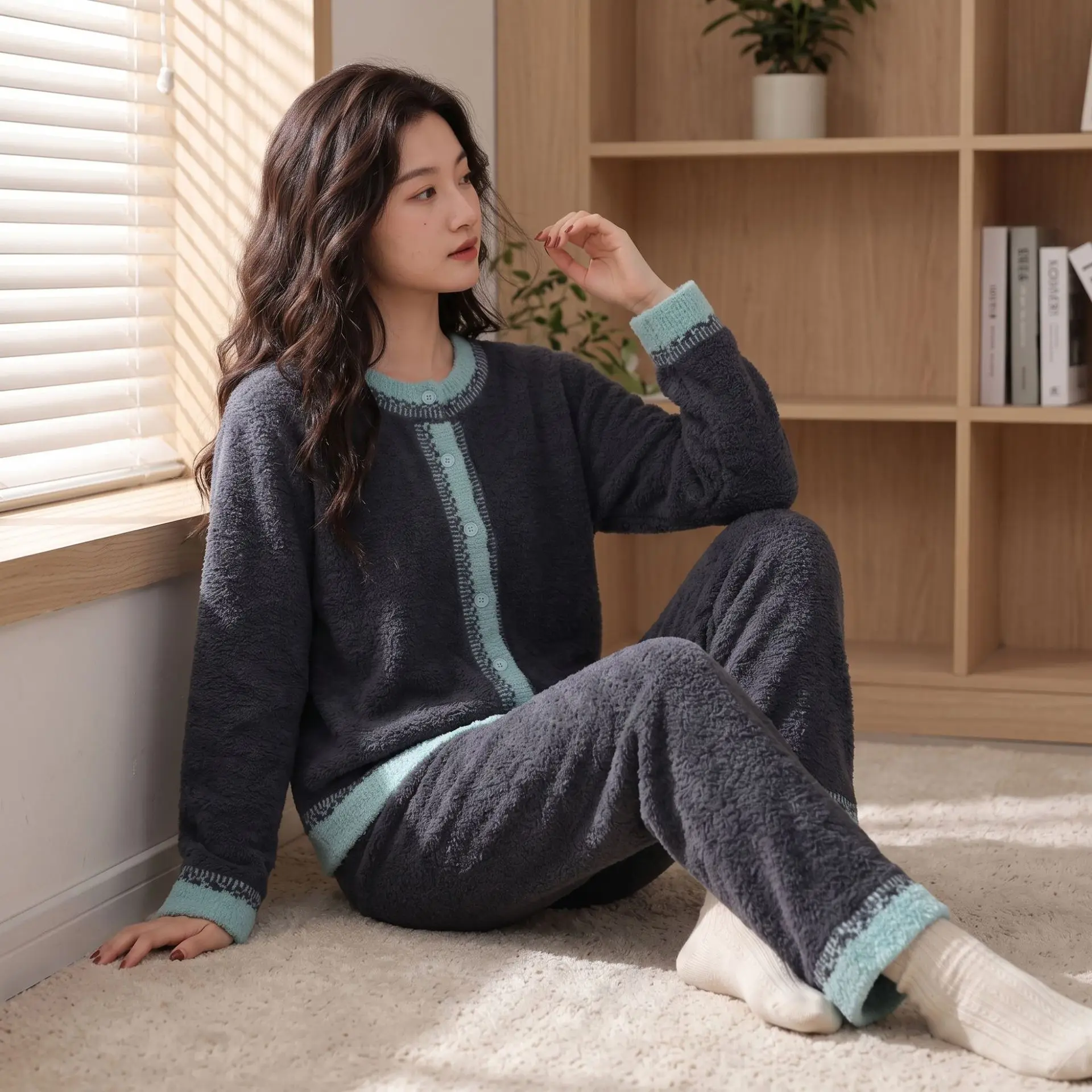 2PCS Cute Women's Pajamas Set Winter Sleepwear O-neck Loose Long Sleeve Top Elastic Waist Leg Pant Sets Trousers Matching Sets