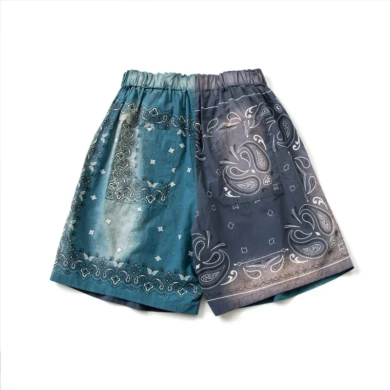 Japanese Star Tie Dyed Cashew Blossom Patchwork Contrast Shorts with Variable Tightness Summer Loose Printed Pants Men