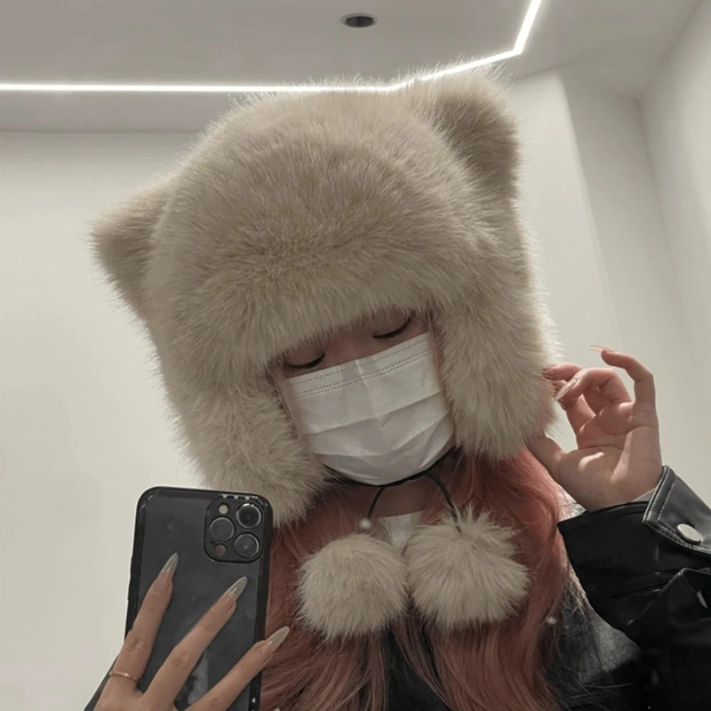 ผู้หญิงหัวห่อ Thicken Furry หมีหมวกสำหรับปีนเขาเล่นสกีกีฬา Headwear Dropship