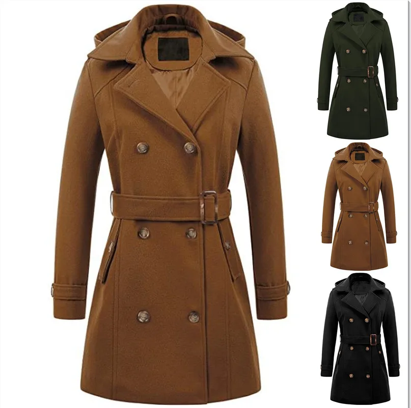 

Wool Coat Jackets Women Thicken Woolen Outerwear Hooded Double Breasted Belt Overcoat Vintage Office Lady Autumn Winter 2025