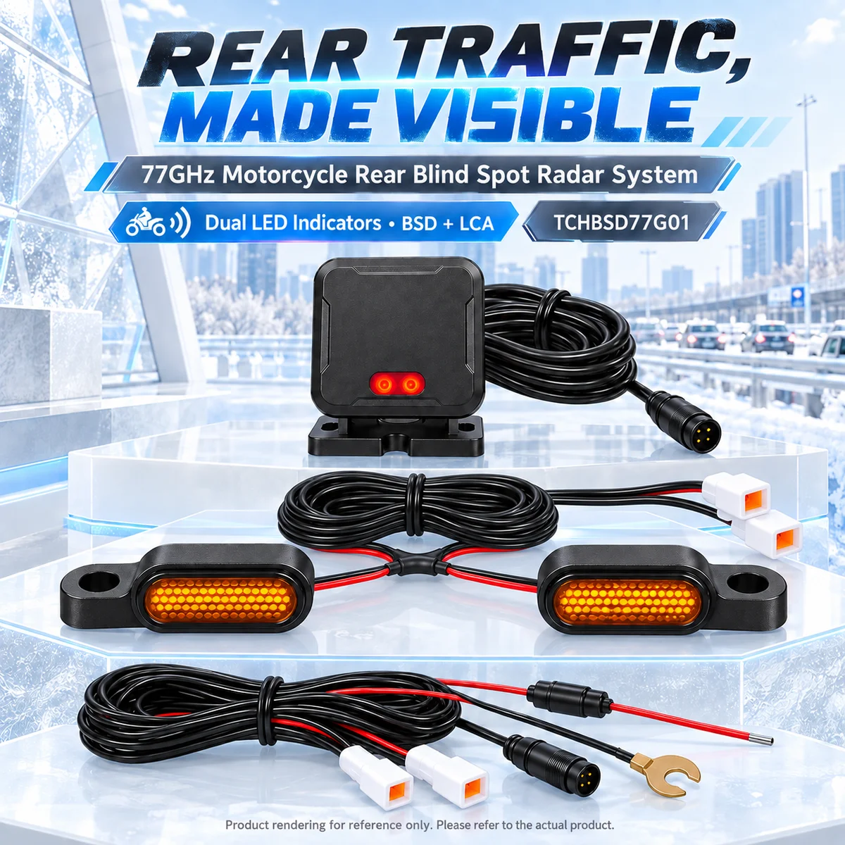 77GHz Motorcycle Rear Blind Spot Radar with Dual LED Indicators, BSD 8.4m LCA 50m Detection Up to 70m