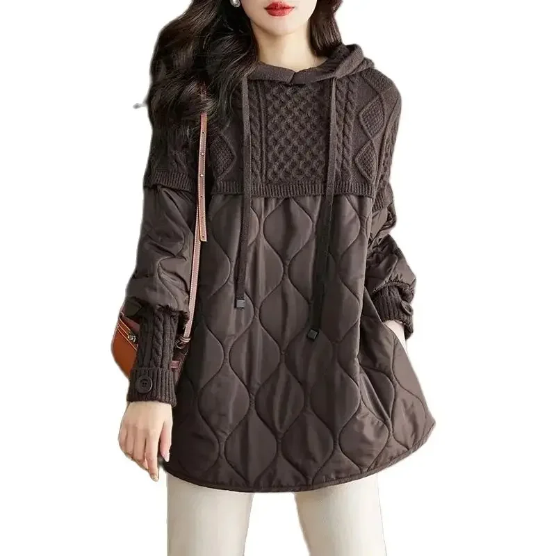 Women\'s Winter Parka 2024 Splicing Temperament Fashion Down Cotton Jacket Ladies Coat Knitting Appear Thin Hooded Female Jacket