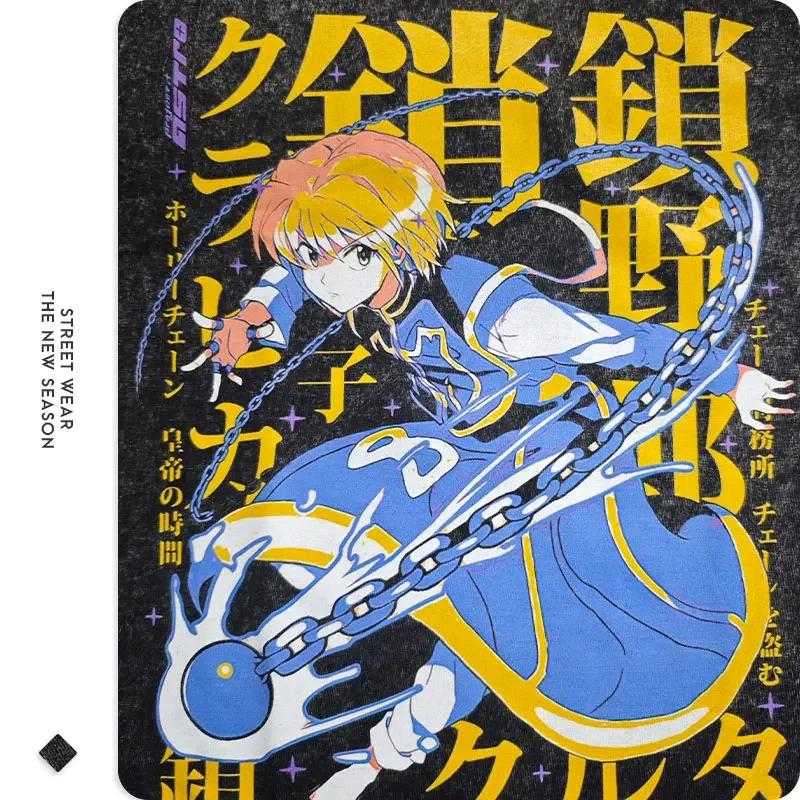 쿠라피카 반팔 티셔츠 남성용, 오버사이즈 빈티지 워싱 애니메이션 티셔츠, 스트리트웨어, 만화 킬루로 졸딕 곤 프리세스 상의