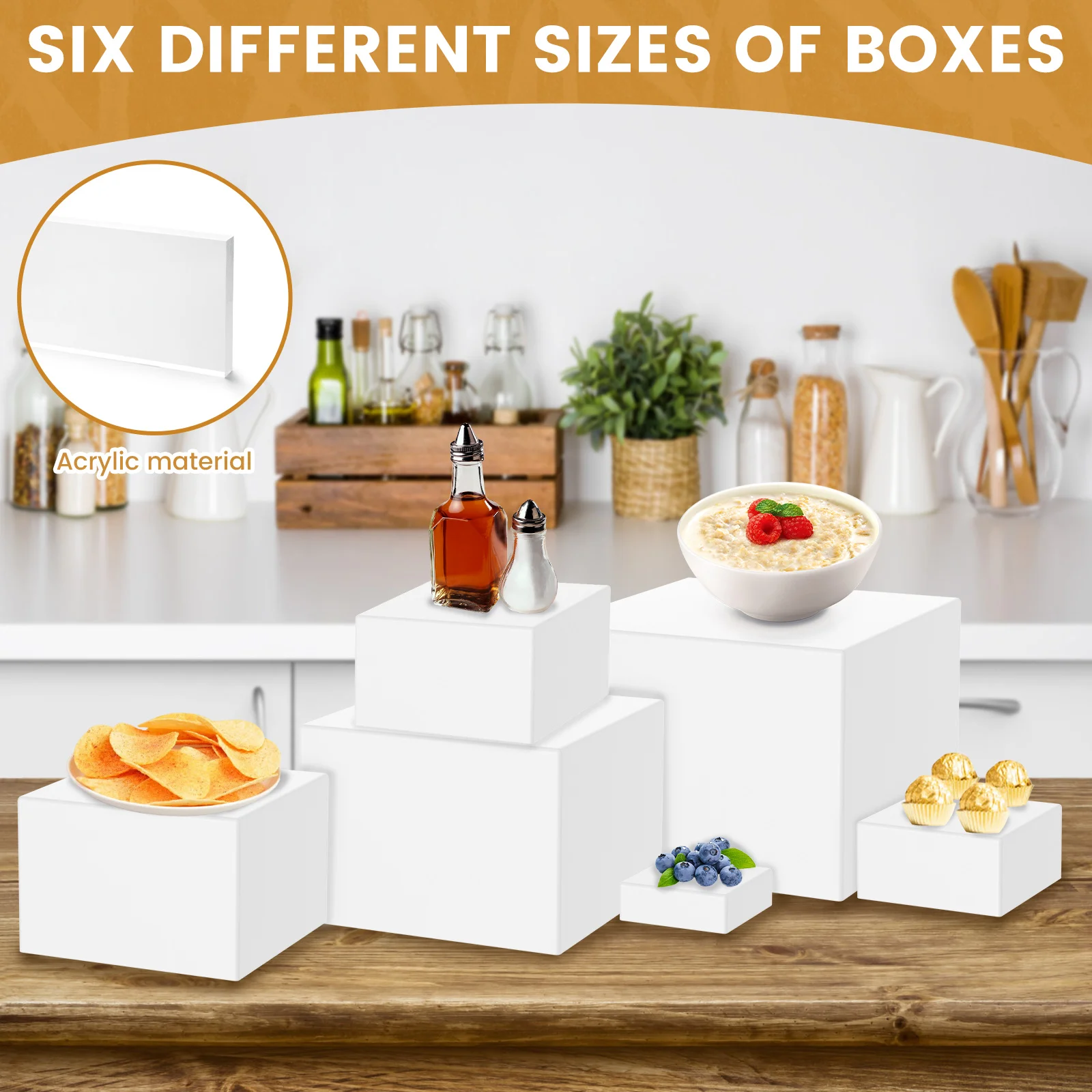 AXNSATRE 6-delige Witte Acryl Displayboxen – Stapelbare Buffetverhogers Voor Taart En Dessert
