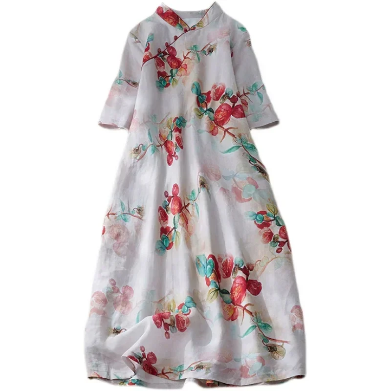 

Women Cotton Maxi Dresses Floral Print Cheongsam Casual Loose Short Sleeve Sundress Summer Literary Vestidos Female