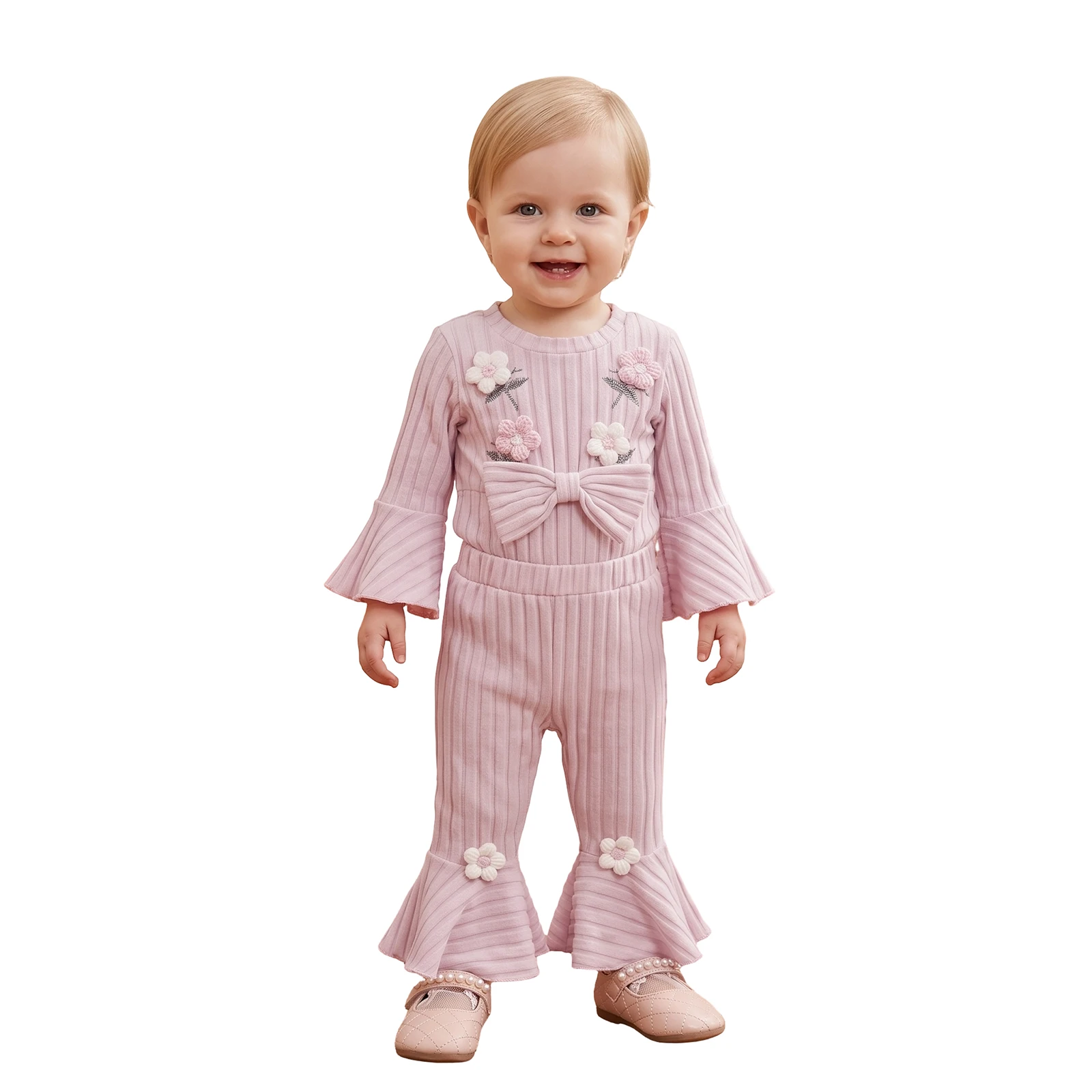 Baby Girls Fall Outfits Long Sleeve Floral Embroidery Romper Flared Pants
