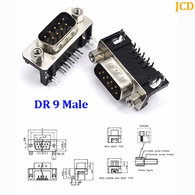 1/5/10pcs DR9 Hole/Pin Female/Male Right Angle Welded D-Sub 9 Pin Connector DB9 DR9 RS232 Connector 90 Degree Bent Needle
