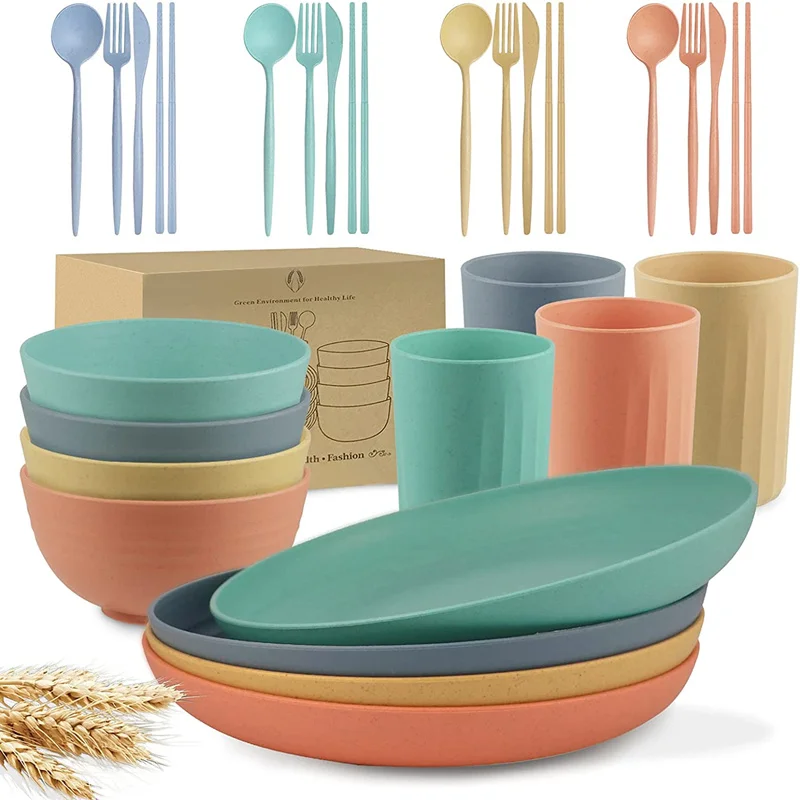 Wheat Straw Dinnerware Sets 32pcs Unbreakable Dinnerware Sets Lightweight Plates Cups And Bowls Sets Microwave Dishwasher Safe