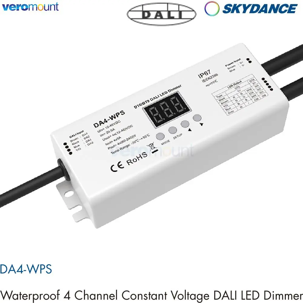 

Skydance DA4-WPS IP67 Waterproof 12V-48V DC 4CH DALI Dimmer 4Channel/DT8 DT6/PWM Dimming For Single Color/CCT/RGB/RGBW LED Tape