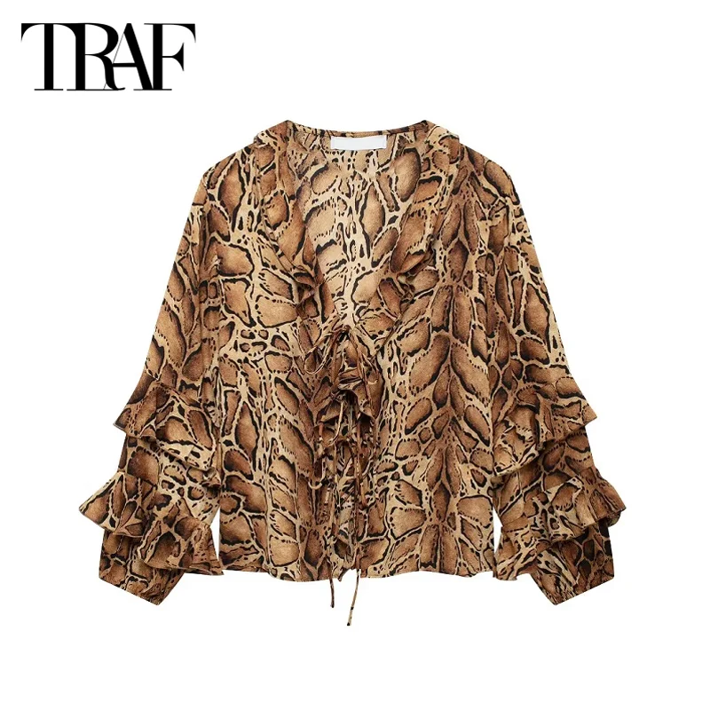 TRAF Shirts&Blouses Women\'s Spring Summer Autumn Leopard Printed Shirts Ladies Fashion Butterlfy Lace-Up Long Sleeve Shirts