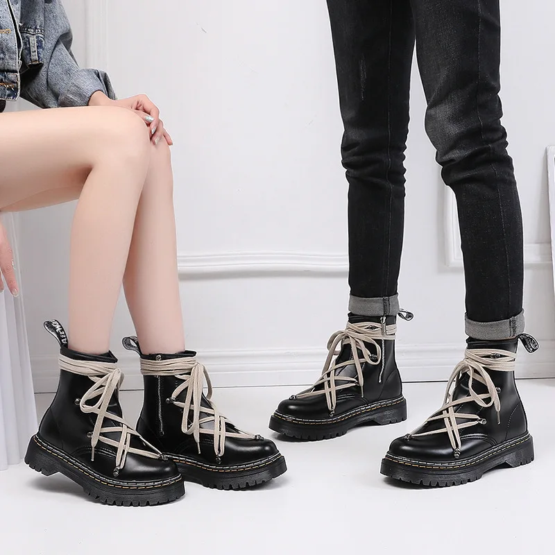 High Top Cross Strap Short Boots For Women's Personality Side Zipper Leather Boots Round Toe Motorcycle Shoes