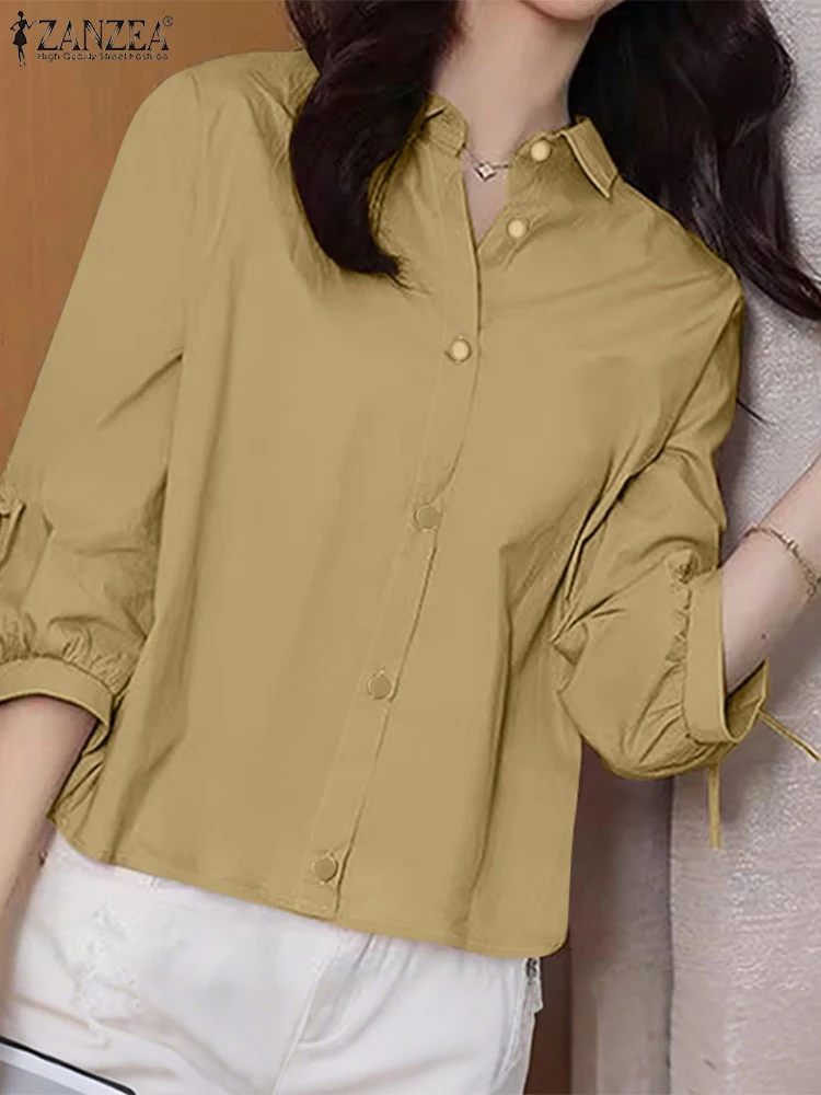 

ZANZEA Casual Chic Solid Chemises Femme Turn-Down Colar Summer 3/4 Lantern Sleeve Office Work Shirts Woman 2025 Fashion Tops
