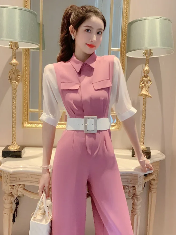 Ladies Trouser Wear To Work Professional Women\'s Blouse and Pants Two Piece Set Office Shirt Pink Wide Leg Summer 2024 Slim Fit