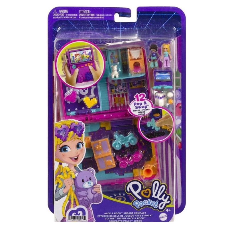 Polly Pocket Compact Playset, Race & Rock Arcade avec 2 micro-poupées et accessoires, Jouets de voyage avec surprise, Révélation des cadeaux de vacances