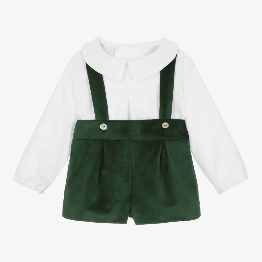 2Pcs Children Spanish Boutique Clothing Baby Boys Birthday Baptism Set Infant White Shirt and Velvet Pant