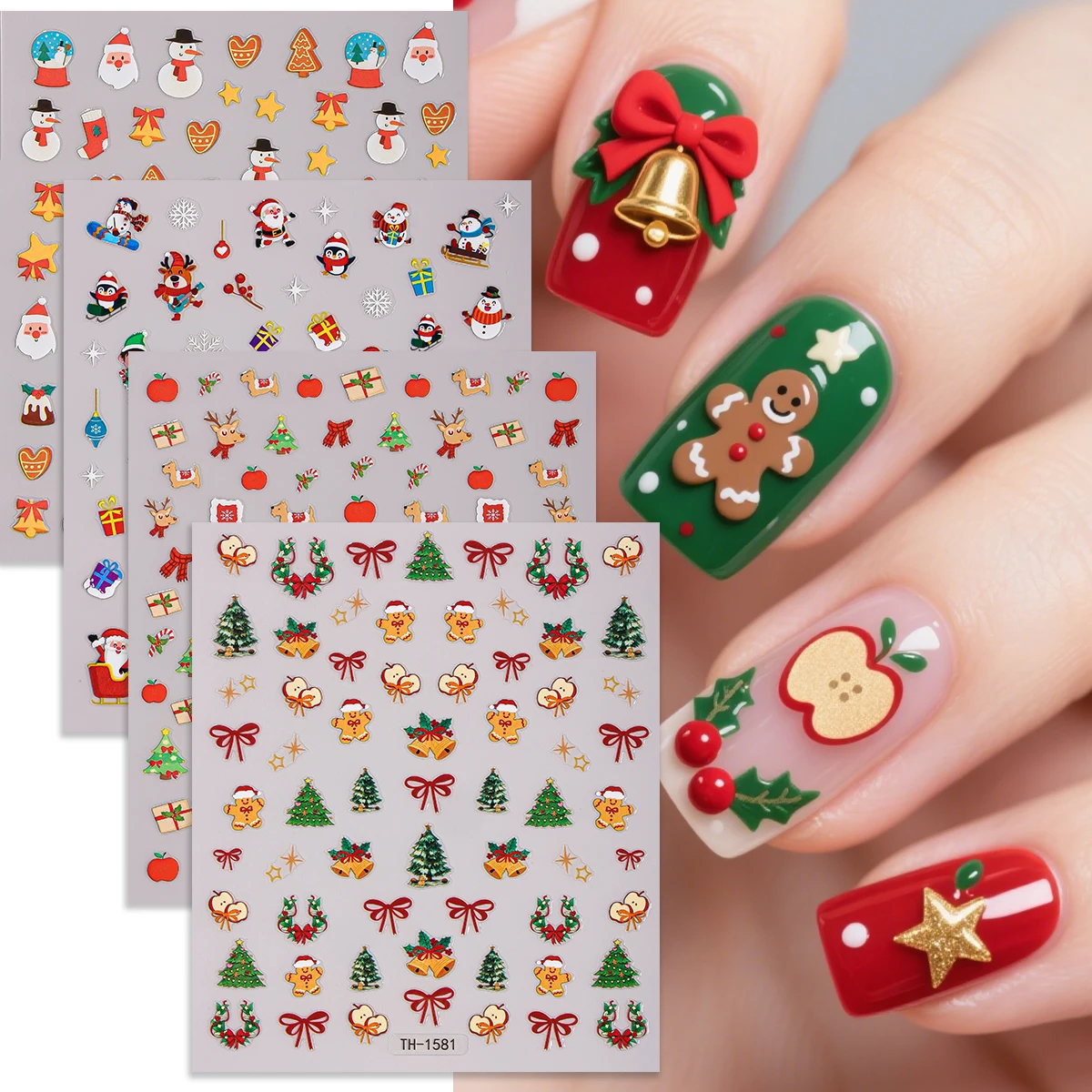 

4pcs Christmas Nail Art Sticker Cartoon Santa Claus Snowman Elk Gingerbread Man Self-Adhesive Nail Decals for DIY Manicure Decor