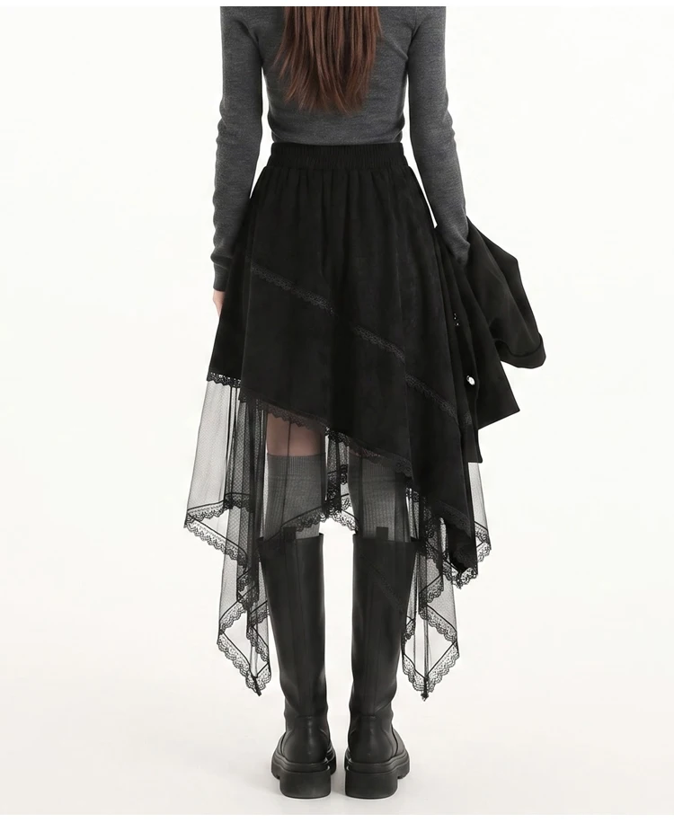 2026 Damen-Midirock mit Wildleder-Optik und Spitzenbesatz, Vintage-Brauntöne, elastischer Bund, unregelmäßiger Saum, Tüll, A-Linie, lässiger Halbrock – Detail 21