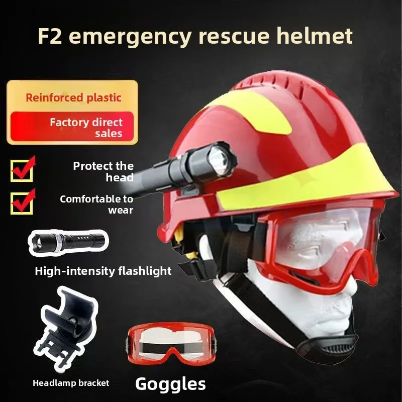 

Safety Rescue Helmet Fire Fighter Protective Glasses Safety Helmets Workplace Fire Protection Hard Hat With Headlamp & Goggles