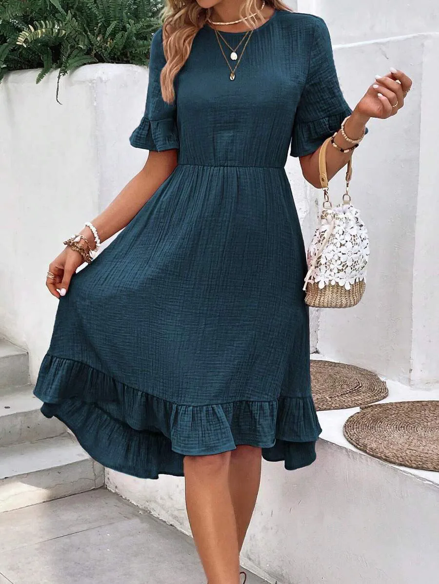 2024 women's full-length skirt in full color elegant waist ruffled round collar bell short-sleeved dress