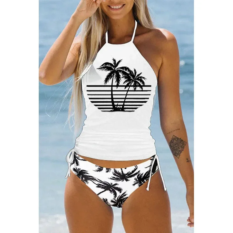 Traje de baño para mujer, conjunto de Tankini con cuello Halter lateral y cordón de coco, ropa de playa para verano, bonito traje de baño para mujer, Bikini Sexy