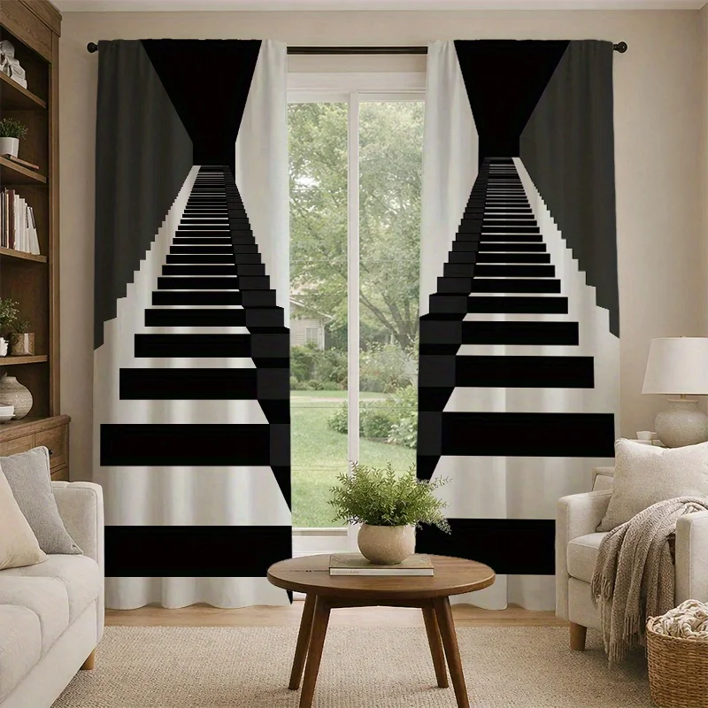3D Black White Staircase Curtains, Geometric Optical Illusion Window Drapes, Modern Abstract Decor, Blackout Fabric for Living
