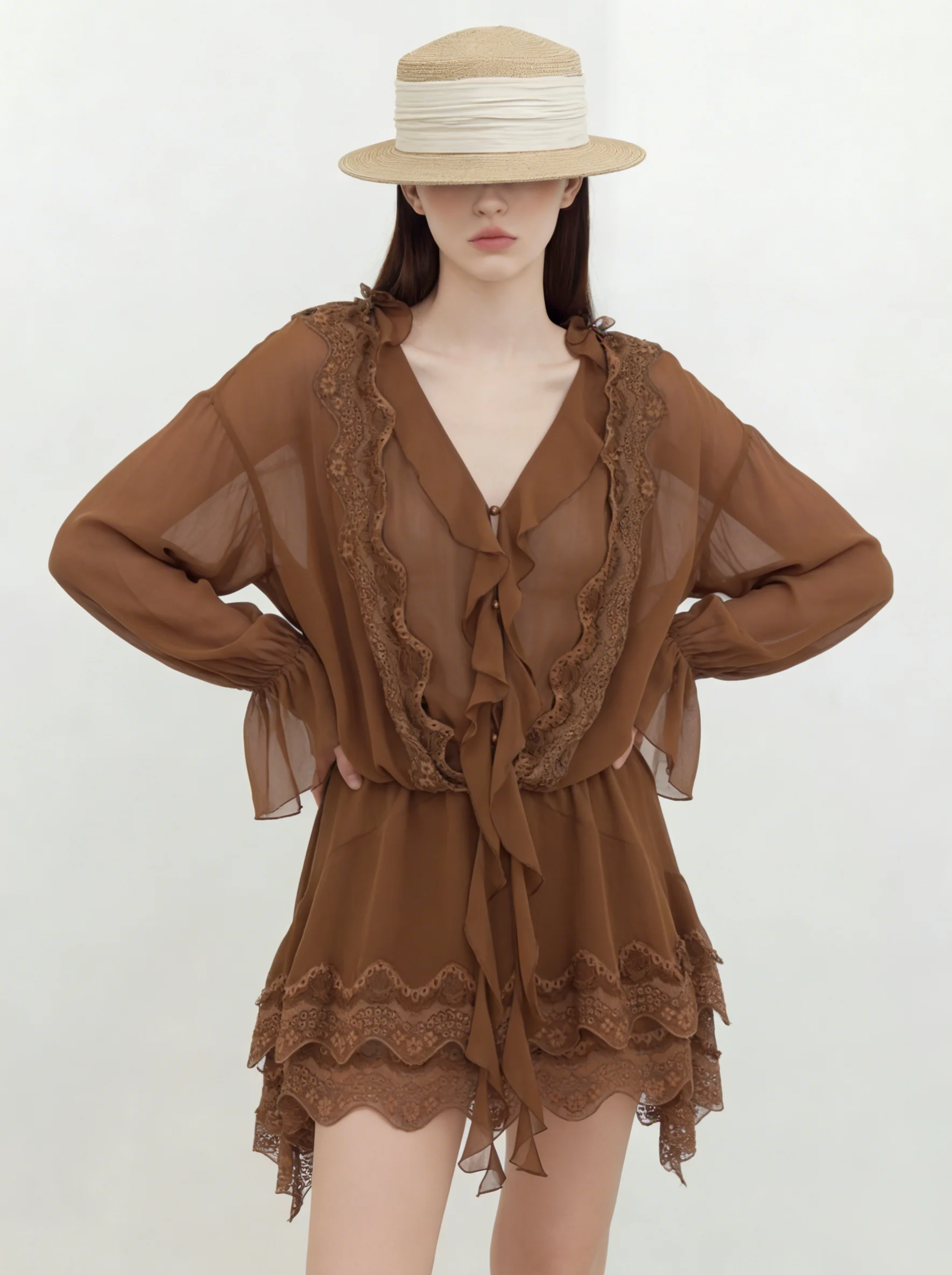 

Korean Style Coffee Lace Splicing Long Sleeve Top Short Pants Set Women's New 2026 Spring Casual Loose Fit V-Neck Two-Piece Set