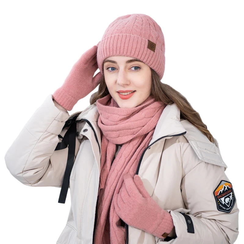 Winter Beanie Hat Scarf Gloves Set for Women Men Warm Wool Beanie Long Scarf Neck Warmer Touchscreen Gloves 3 in 1 Set