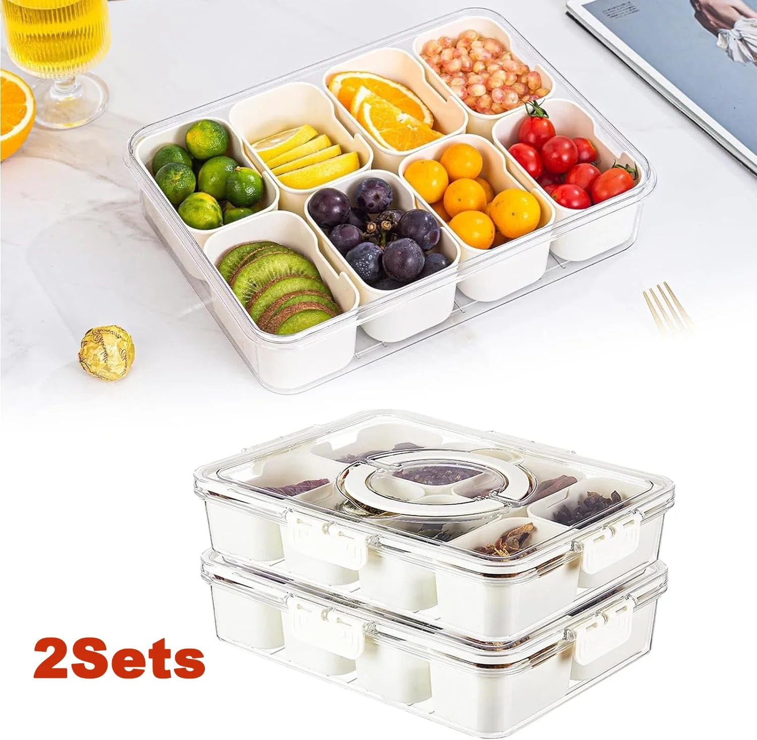 8 Compartments Divided Serving Tray with Lid Veggie Tray Portable Snack Box Food Container for Biscuits, Candy, Fruits, Nuts