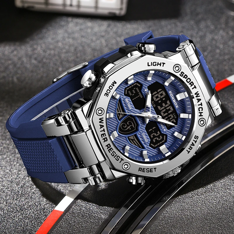 Foxbox relógios masculinos digital militar esporte quartzo moda luminosa dupla exibição cronógrafo à prova dwaterproof água relógios para homem