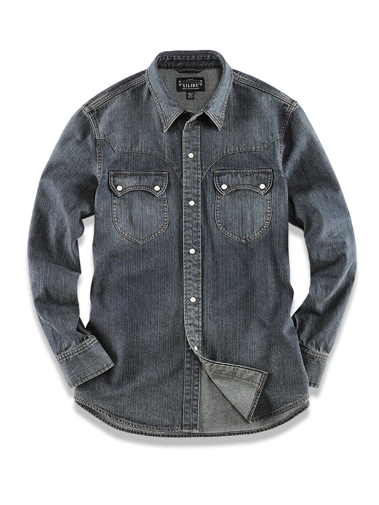 High Quality Ameikaji American Classic Retro Western Denim Shirt Coat Dyed Washed Distressed Workwear