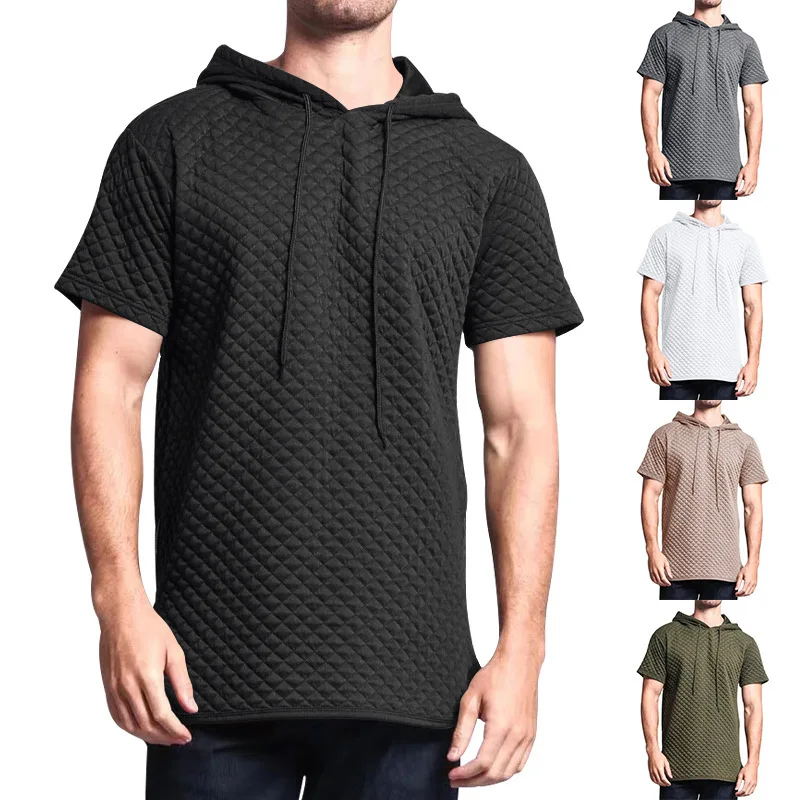 

2024 Mens Summer Jacquard Checkered Short Sleeved Loose Sports Casual Hoodie for Men's T-shirt Color Khaki Green with Hat