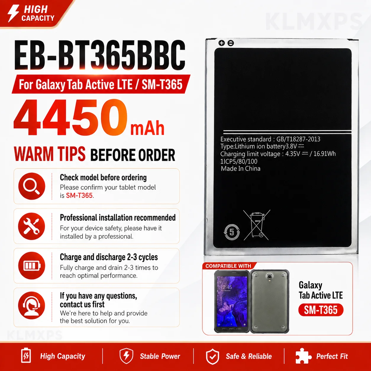 For Samsung Tab Active 2 Battery 4450mAh EB-BT365BBC EB-BT365BBE Fit SM-T360 SM-T395N SM-T365F0