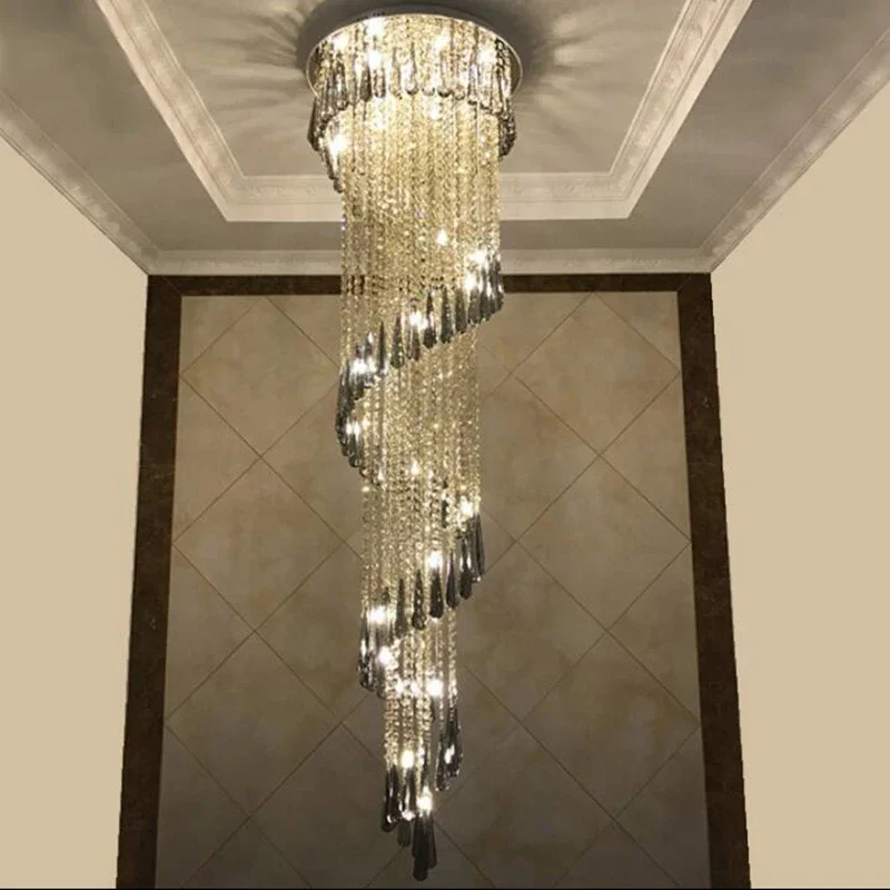 Modern Led Chandelier Smoky Gray Crystal Luxury Fixtures Long Interior Stairway Lighting Corridor Chandelier Villa Pendant Light