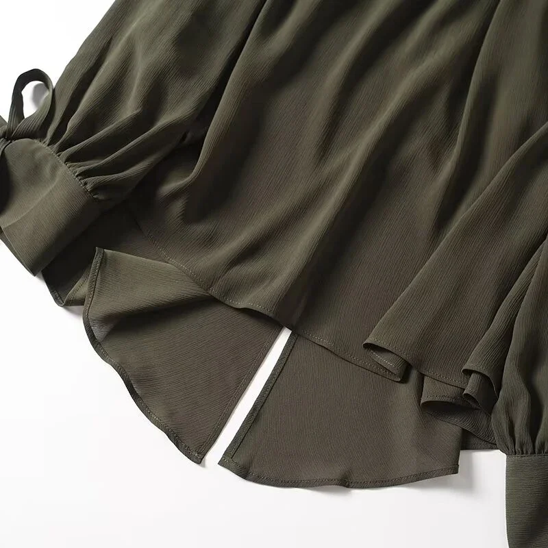 2025 French Style Women's Shirts Dark Green Loose Long Sleeve Top with Bow Tie Autumn Tops