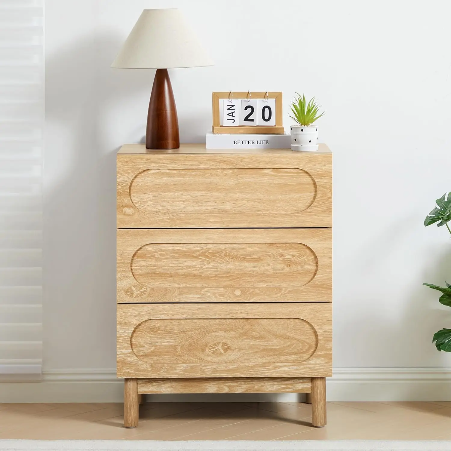 

Modern 3 Drawer Dresser, Wood Chest of Drawers, Nightstand for Bedroom, Contemporary Three Drawer Dresser (Natural)