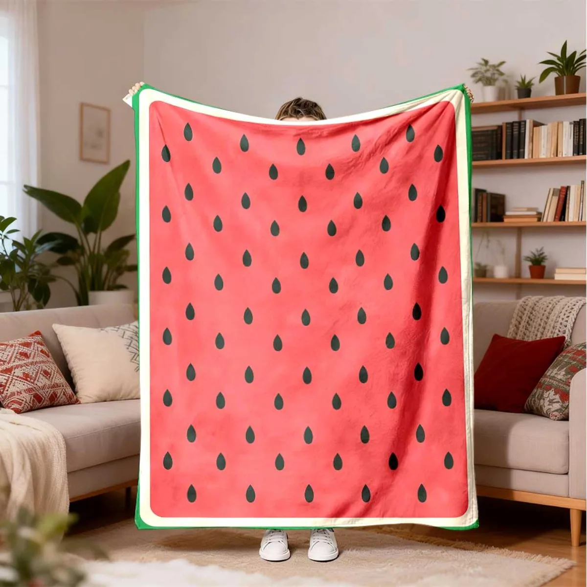 Summer Fresh Watermelon Pattern Warm Fleece Blanket, Soft Thick Fabric for Travel Couch Bed Camping Coldproof Daily Home Use