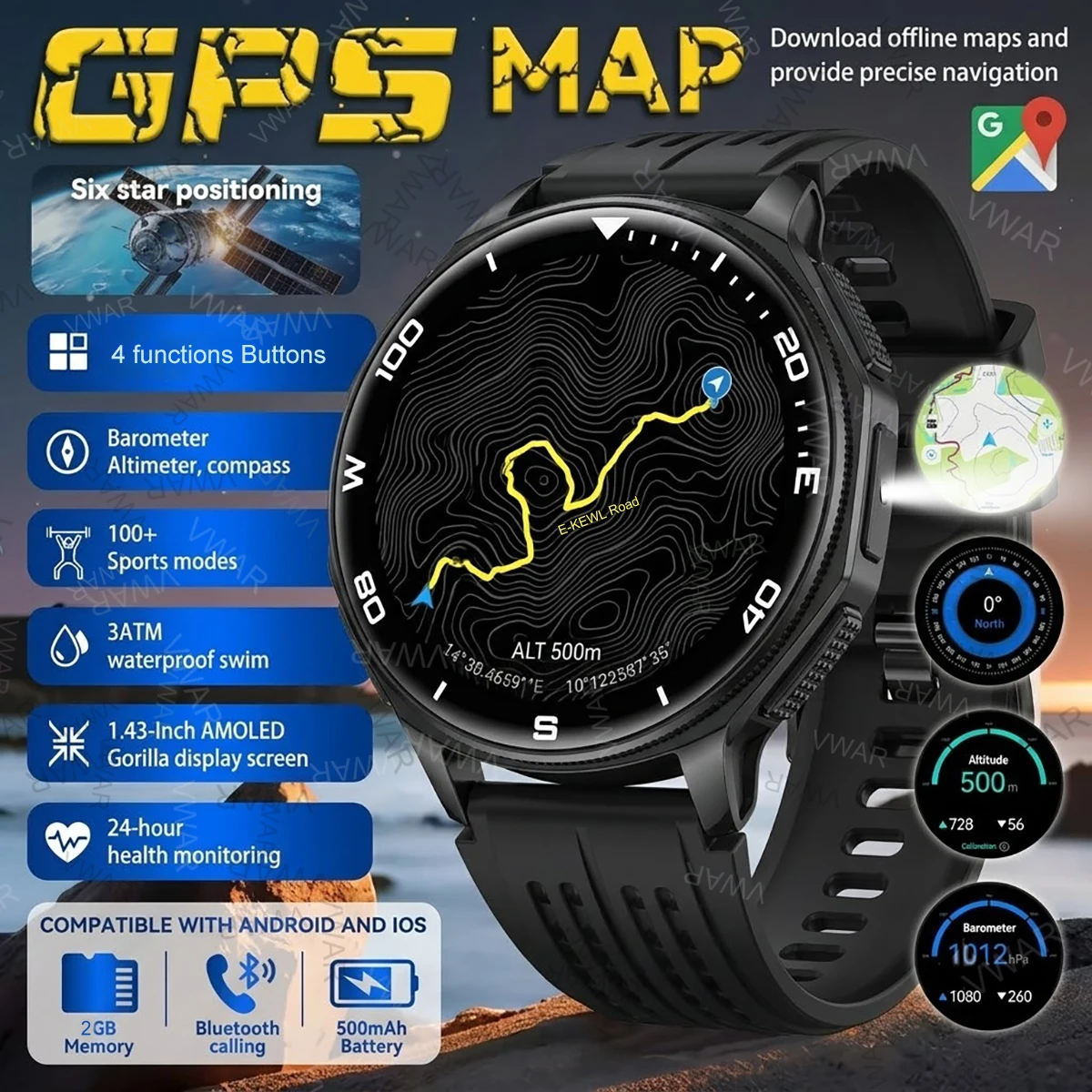 VWAR Offline Map Smart Watch Built in GPS Precise Positioning 2GB Memory Compass Swim BT Call Military Sports Smartwatchs Men