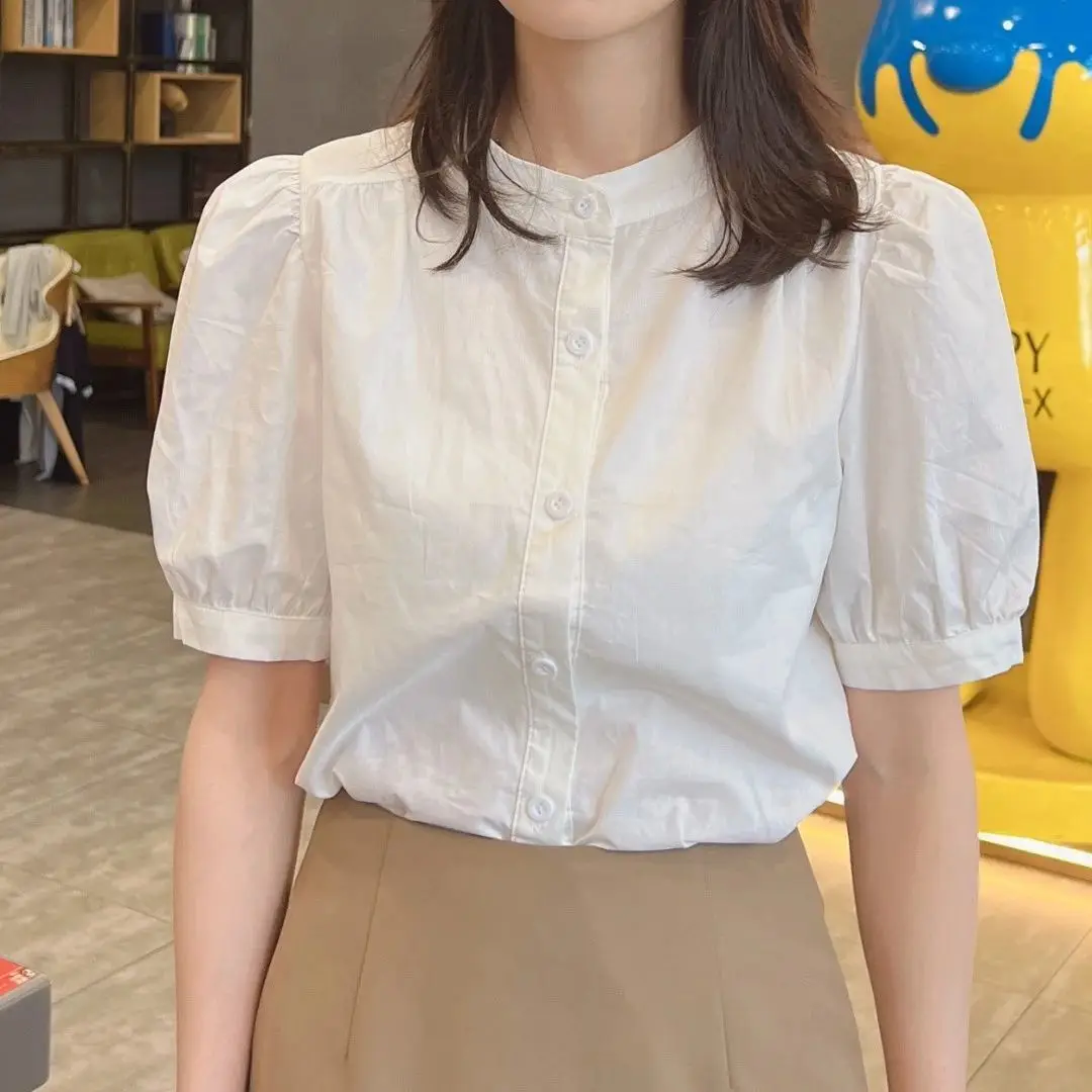 

Western Style White Short Sleeves Shirt for Women Summer Casual Bubble Sleeves Age Reducing Chic Tops Fashion Women Clothing