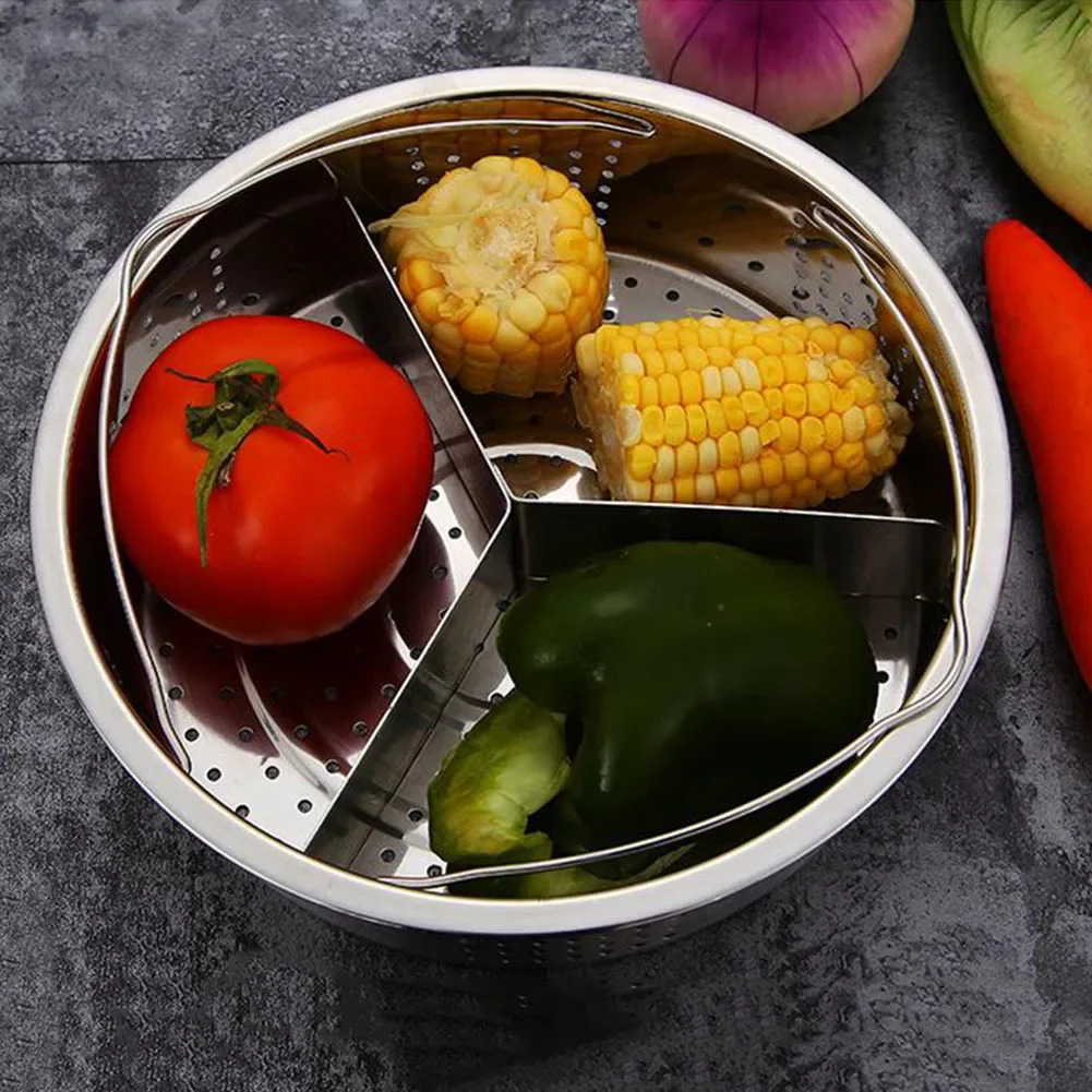 Panier vapeur en acier inoxydable avec poignée et support de jambe, insert universel pour cuiseur vapeur avec trou uniforme pour légumes, boulettes, cuiseur vapeur pour cuiseur à riz, poêle à frire