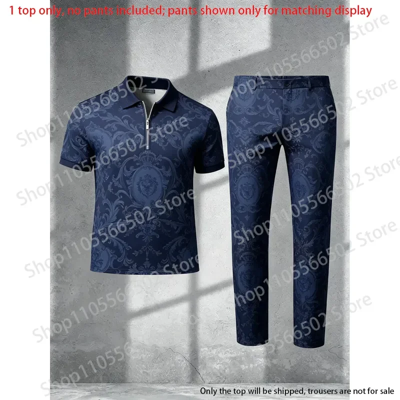 1 top (without pants)-Men's half zip short sleeve polo shirt,3D vintage royal print,summer casual breathable fashion men tops