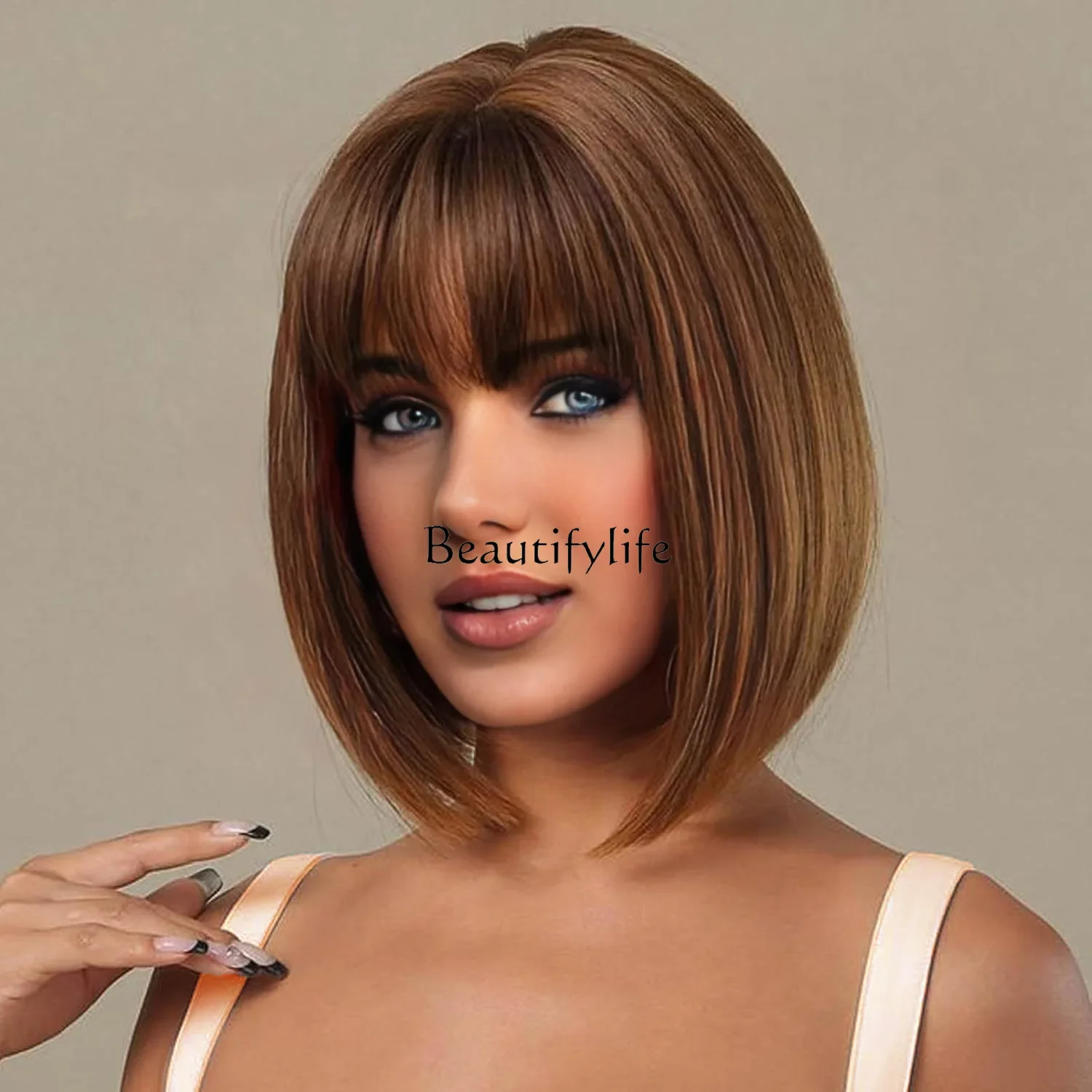 Wig European and American Qi Bangs Brown Bobo Head Short Hair High Temperature Chemical Fiber Silk Headgear