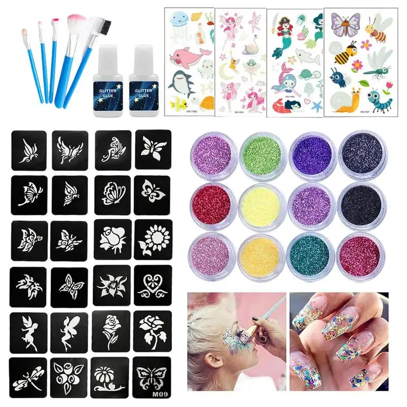 12 Colors Diamond Glitter Art Charm Luminous Tattoo Set  Glitter Powder Sticker Makeup Brush Temporary Tattoo Set  For Women Kid