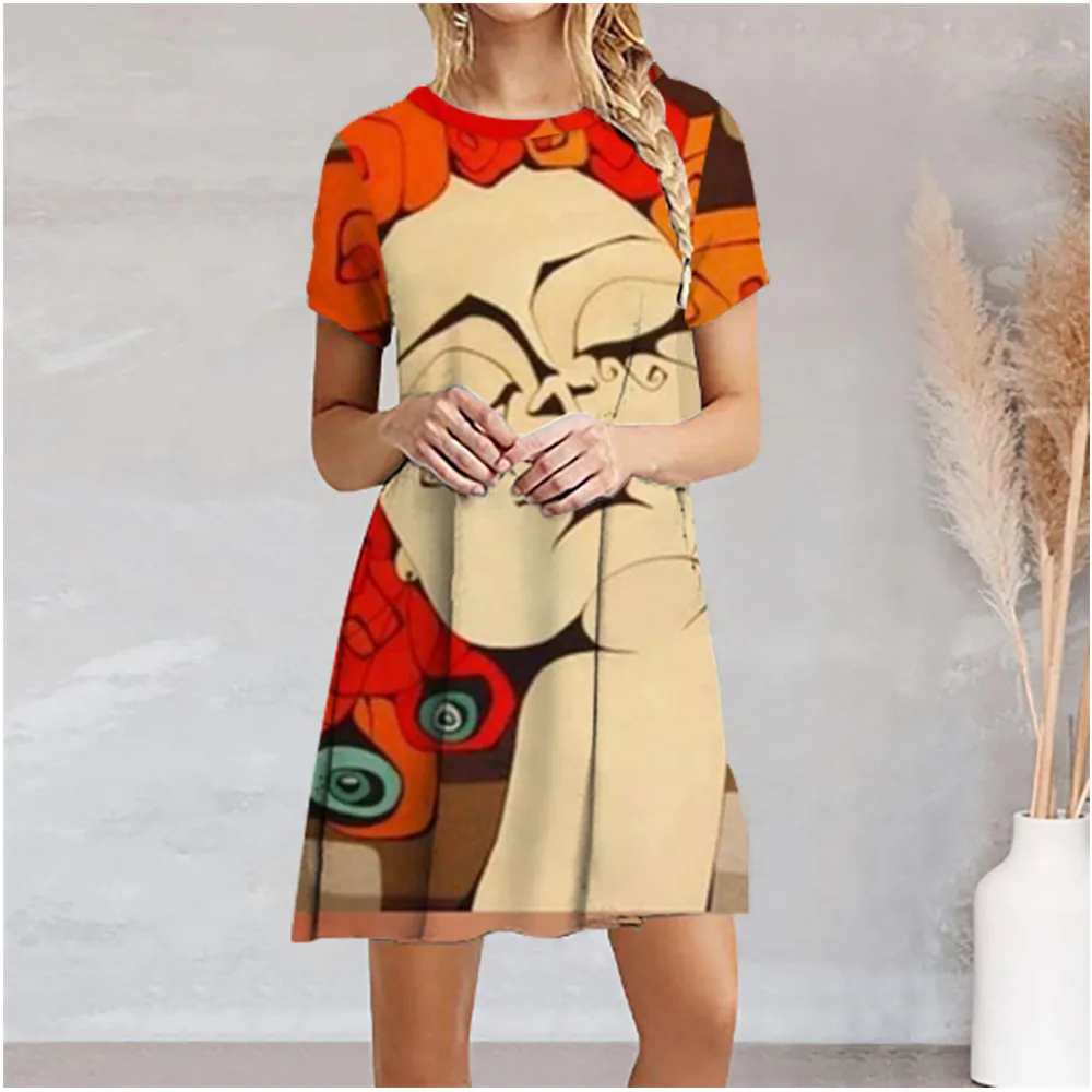 Women's Elegant Midi Office Women's Wear 2024 Summer New Fashion Ink Flower Printed Round Neck Short Sleeve Loose Vacation Dress